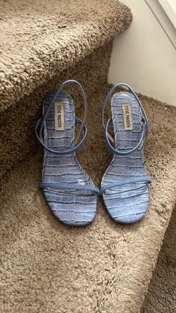 Light blue crocodile print sandal heels