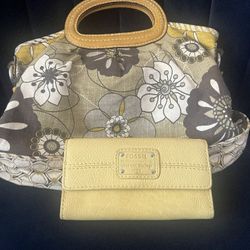 🌼 Fossil Vintage Floral Canvas Handbag + Genuine Leather Wallet Set | Bold, Bright & Beautiful!