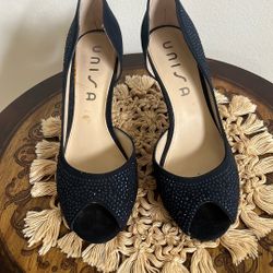 Unisa Navy Blue Fabric Bedazzled Peep Toe Heels Shoes Size 7 1/2 M Holiday Evening
