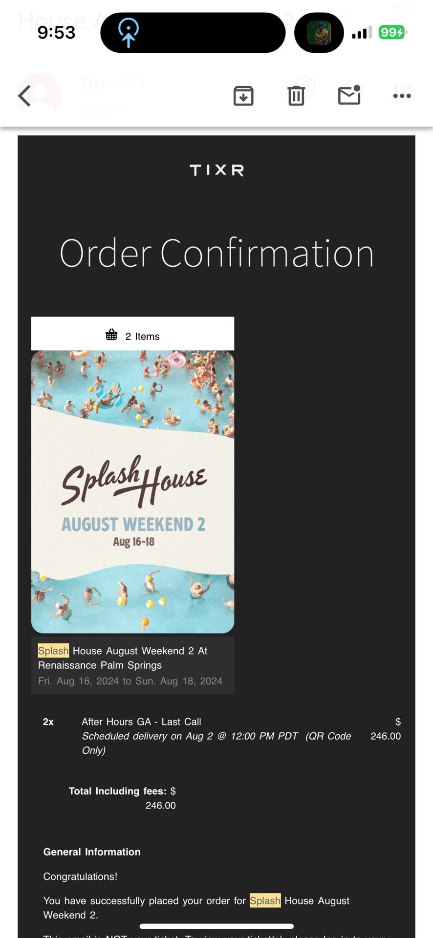 Splash house W2 tickets !