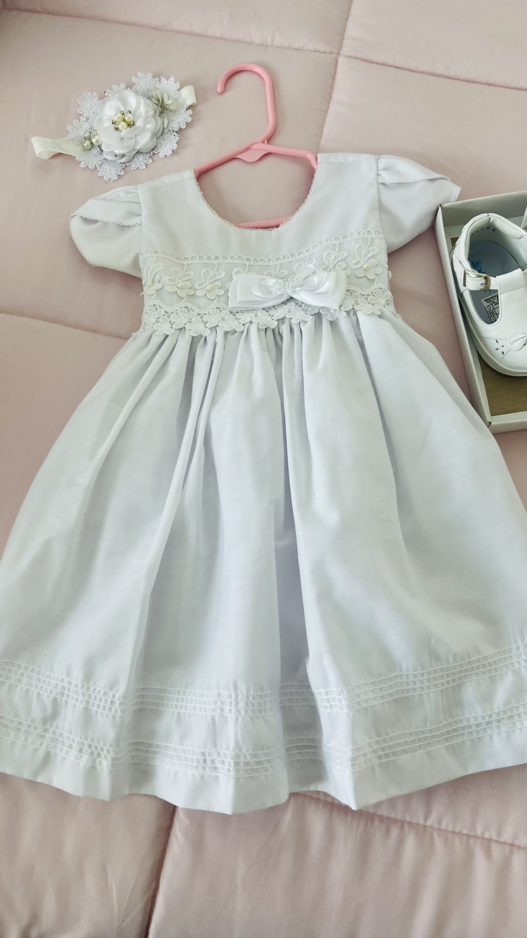 baptism dress, shoes and bows