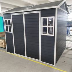 8x4ft Outdoor Resin Garden Shed with Floor and 2 Windows, Plastic Patio Outdoor Storage Shed with Lockable Door for Garden Tools, Bicycles, Trash Cans