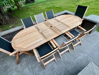 9 Piece Grade A Teak Outdoor Dual Leaf Extendable Dining Table and 8 Chairs from Kingsley Bate