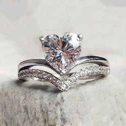 Crystal Look Cubic Zirconia Heart Design Silver Tone Ring