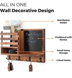Rustic Wood Wall Organizer with Chalkboard and Hooks