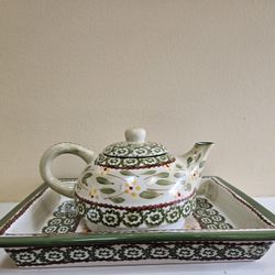  Temp‑tations Old World Green Teapot + Plate – Rare Set!