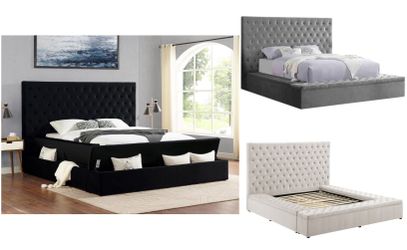 Upholstered Queen Velvet Bed - Available in Black, Gray or Cream Color