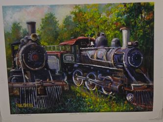 Print of locomotive by Paul O'Niel. 11 x 24, not framed