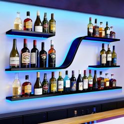 70” Wall Mounted Wine Rack w/ LED Lights – 3-Tier Metal Bar Shelf