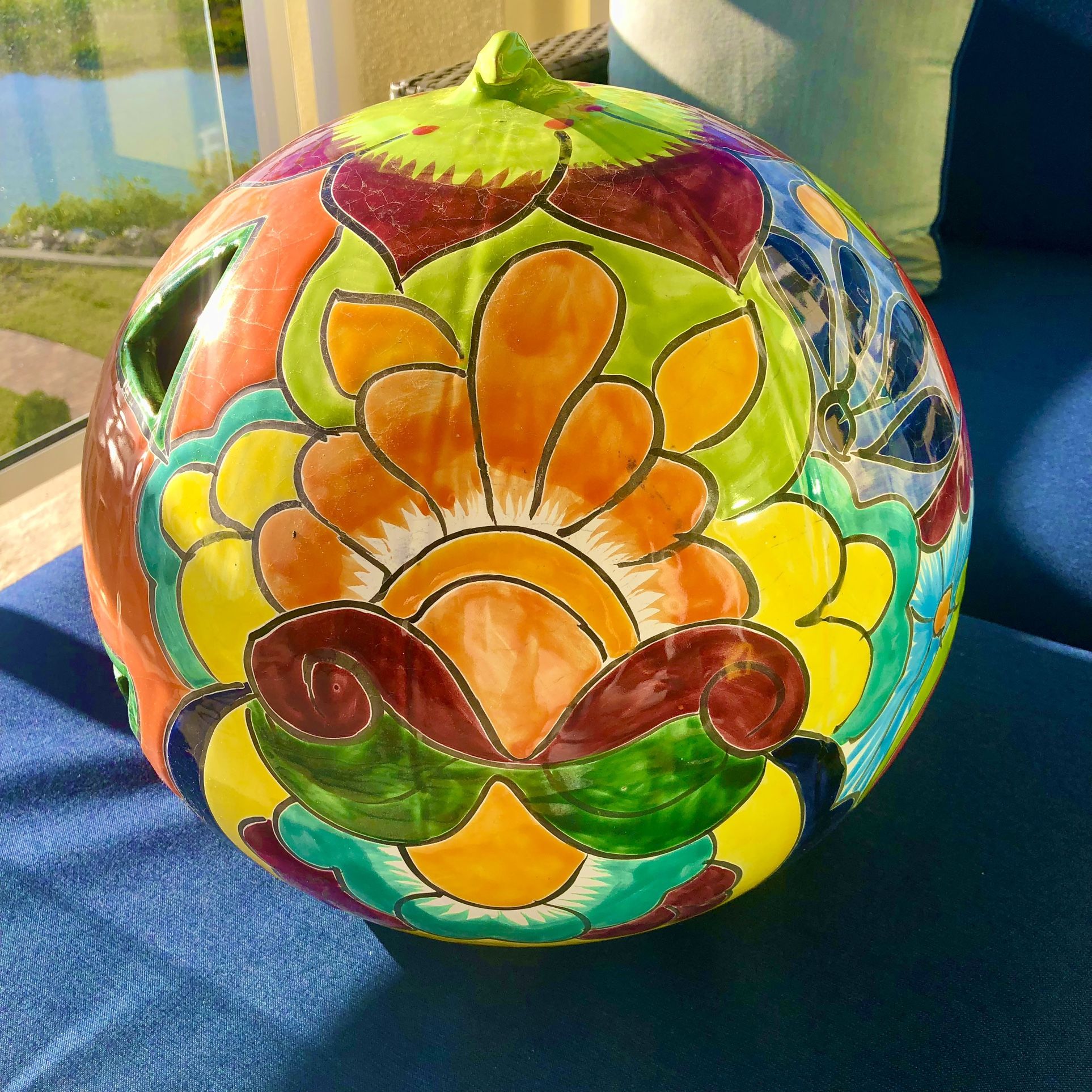 Talavera Mexican Pottery- Unique! double sided pumpkin -large Adds SO Much Color!