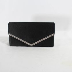 New Black Sateen Evening Clutch Bag with Rhinestone Detailing and Silver Chain