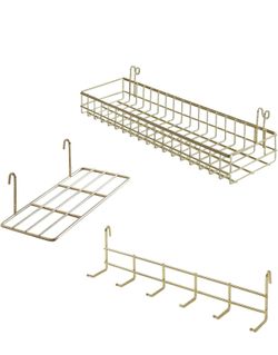 Grid Wall Shelves Basket with Hooks,Bookshelf,Display Shelf for Wall Grid Panel,Wall Mount Organizer and Storage Shelf Rack for Office (Gold)