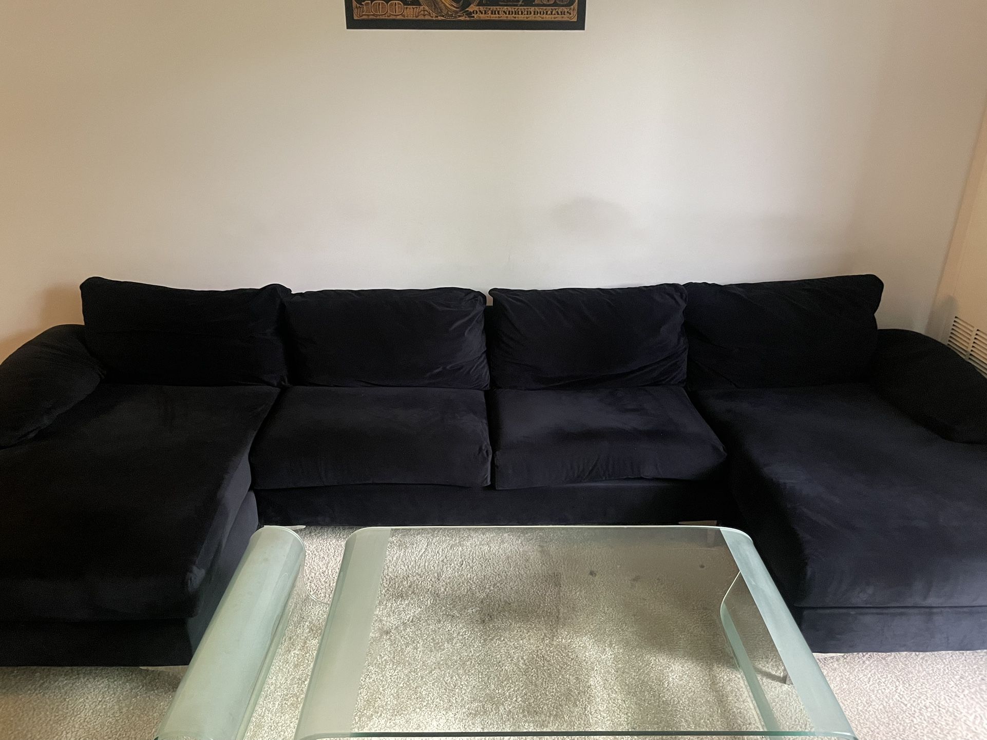 Large U shaped Black Suede Sofa