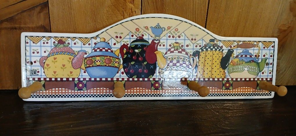 Mary Engelbreit Teapots Ceramic & Wood Peg Plaque