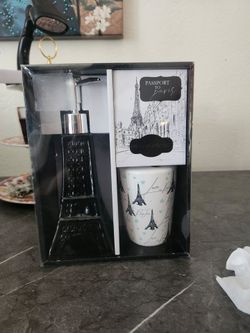 Black Ceramic Eiffel Tower Soap Dispenser and White with Grey Toothbrush Holder Set