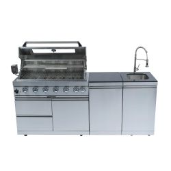 43-Inch 6-Burner 85000 BTU Deluxe Stainless Steel Gas Outdoor Kitchen Bar Barbecue Island Grill + Rotisserie + Granite Countertops + Storage Cabinets 
