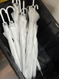 translucent white wedding umbrellas