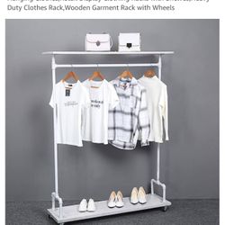 Pipe And Wood Clothes Rack On Wheels