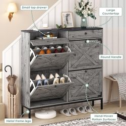 Gray Freestanding Shoe Cabinet with 4 Flip Drawers, Slim Entryway Shoe Storage Organizer with Shelves for Sneakers, High Heels and Slippers | 16 Pairs