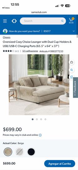 Oversized Cozy Chaise Lounger with Dual Cup Holders & USB/USB-C Charging Ports (65.5" x 64" x 37") $400