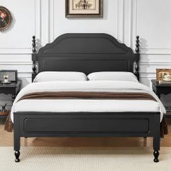 Wood Bed Frame Queen Size, Wooden Retro Style Queen Bed Frame with Headboard and Footboard, Heavy Duty Bed Frame with 12 Wood Slats Support, No Box Sp