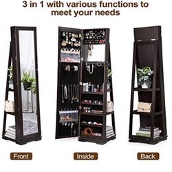 Lockable Large Standing Wall Jewelry Armoire With Full Length Mirror