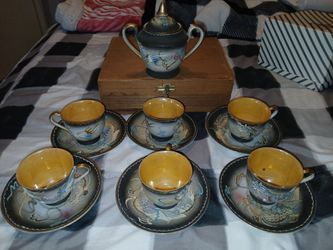 Vintage Japanese Dragonware Tea Set — 6 Cups & Saucers + Lidded Sugar Bowl