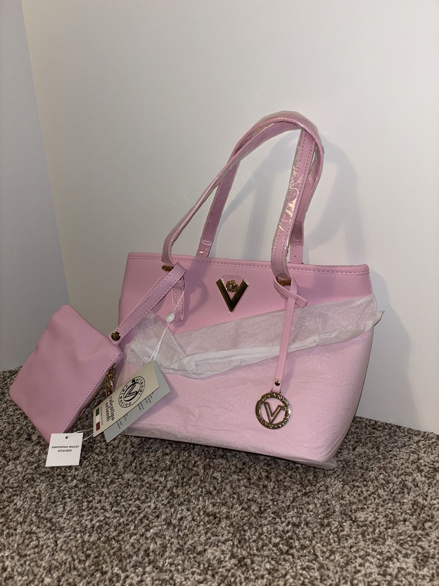 Brand New With Tags Valentino Orlandi Pink Vegan Leather Tote Bag with Matching Wallet