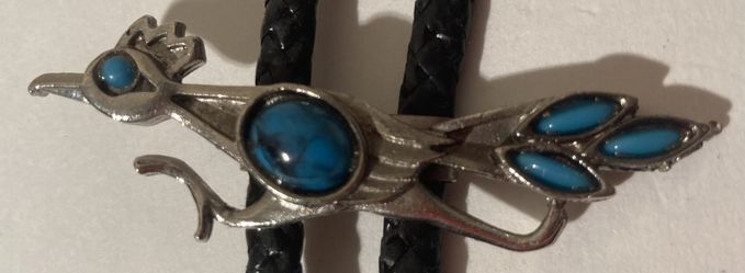 Vintage Bolo Tie Silver And Turquoise Roadrunner  Thumbnail