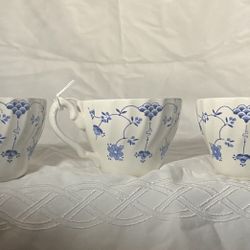 3 Vintage Churchill Georgian Collection Blue White Coffee Tea Cup Floral Garden