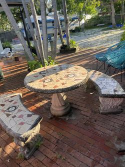 Vintage Concrete Stone Mosaic Bench And Table