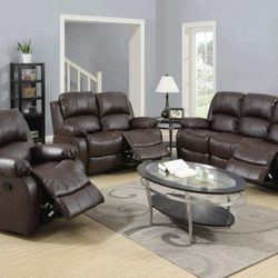 Brown Leather Fully Reclining Three Piece Couch Set 
