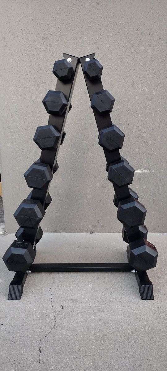 
   RUBBER HEX DUMBBELLS SET:
    5lb - 30lb.  WITH RACK.
    