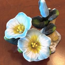 Vintage Bisque Porcelain Figurine of Blue Flowers and Green Leaves