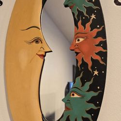 Sun and Moon Mirror: Carved Wooden Celestial Decor