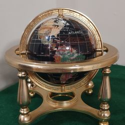 Vintage Rotating Lapis Globe with Semiprecious Gemstones in Brass Compass Stand
