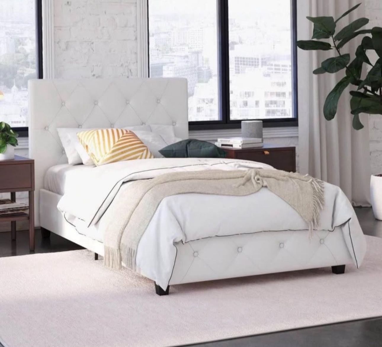 Upholstered Platform Bed, Twin, White