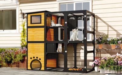 GO Large Cat Catio 4 Tiers Cat Enclosure for Outdoor, Cat House Weatherproof Attached to Window for Multiple Cats with Platforms and Resting Rooms, Br