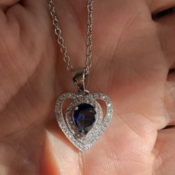 925 Sterling Silver Blue Cz Heart Necklace 