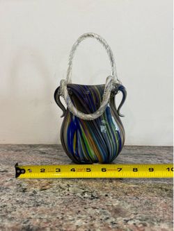 Vintage Murano Style Art Glass Purse Vase / Basket - Multi-Color