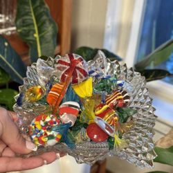 Vintage Glass Candy Dish with Decorative Glass Candies