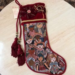 VTG Joi Ellis Victorian Christmas Stocking Burgundy Velvet Tapestry Tassel 23”