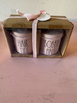 RAE DUNN PINK HAIR TIES & BOBBY PIN JAR SET