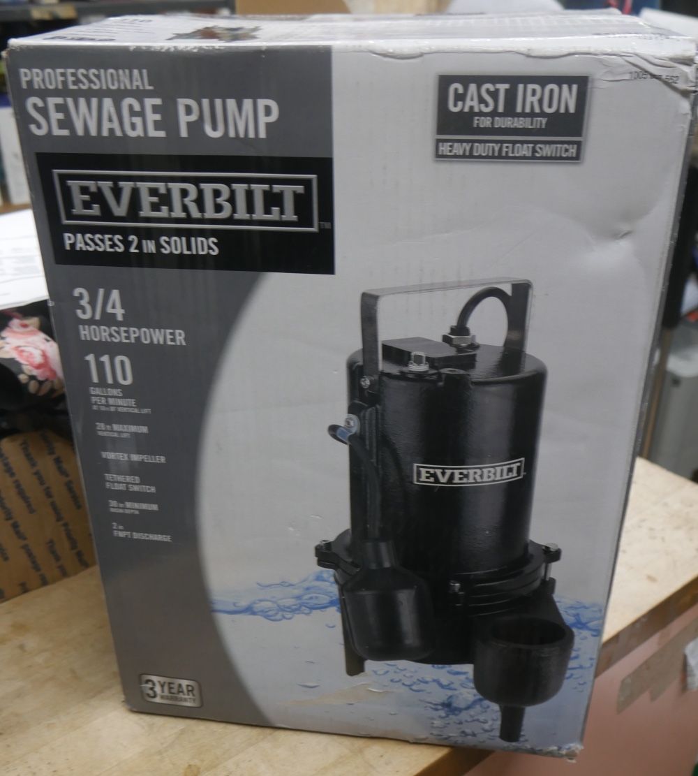 Everbilt 3/4 HP Sewage Ejector Pump, Black - ESE60W-HD NEW.