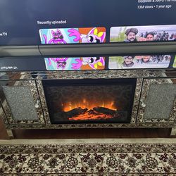 Mirrored Tv Stand With Fireplace And 2 Cabinets 
