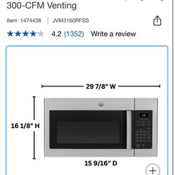 GE 30" 1.6 cu. ft. Over-the-range Microwave Oven with Cooktop Lighting, 300-CFM Venting