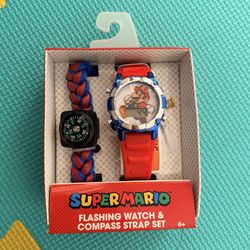 A colorful Super Mario Flashing Watch & Compass Strap Set designed for kids