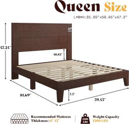 Queen Size Solid Wood Bed Frame with 48" Headboard Design, Walnut Solid Wood Construction, 48" Headboard, Mid Century Style, Silent Wood Slat System,