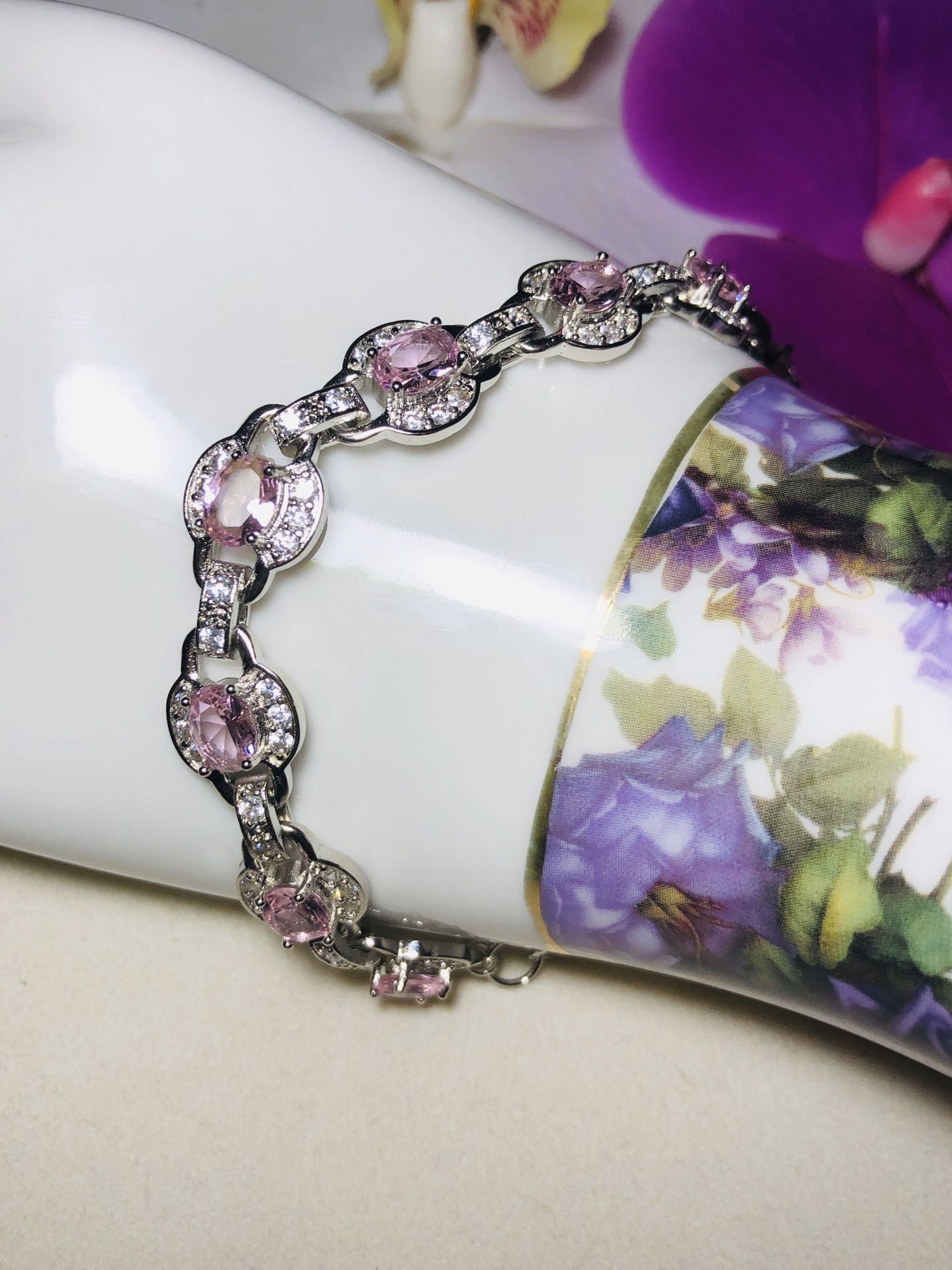 Sterling Silver.925 Pink Kunzite And CZ Bracelet.