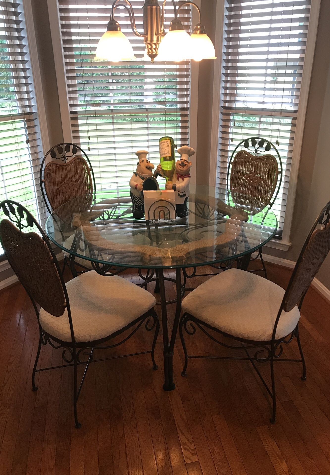 Wrought Iron Glass Table, Chairs & Bakers Rack